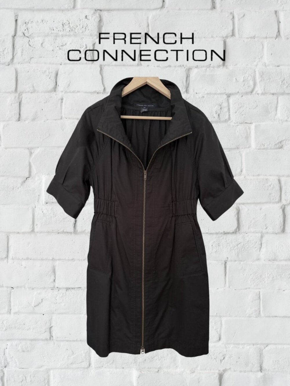 French Connection Black Zip-Front Shirt Dress | Utility Style | Size 6